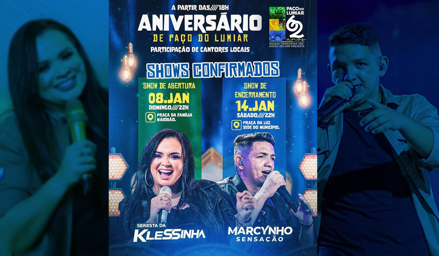 CONFIRMADO! Shows da cantora Klessinha e Marcynho Sensação no aniversário de Paço do Lumiar - MA